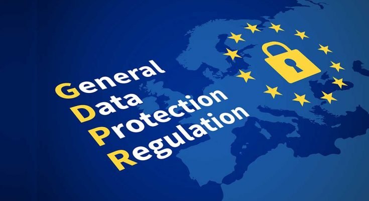 The text GDPR against a blue map of Europe background