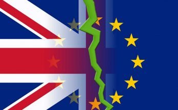 UK And EU Flag split by green lightning