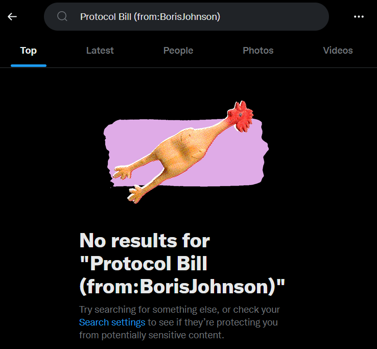 Twitter search result page showing no result for Protocol Bill from Boris Johnson
