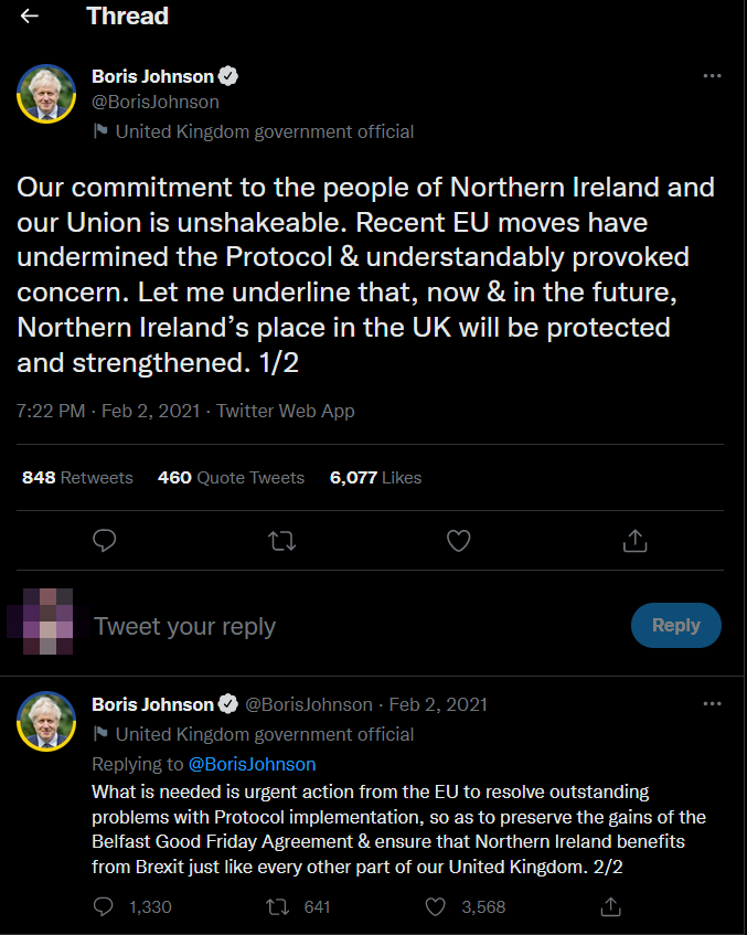 Tweet thread from Boris Johnson mentioning Northern Ireland Protocol but not the bill