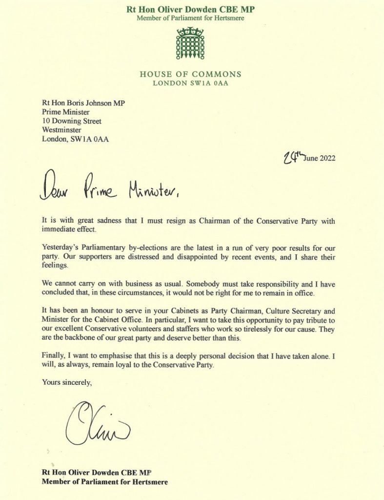Oliver Dowden Resignation Letter
