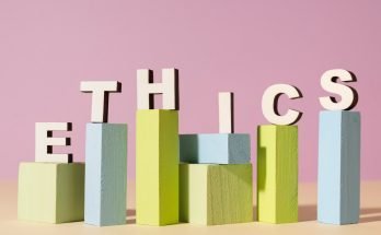 Depiction of the word ethics supported by blocks of varying sizes