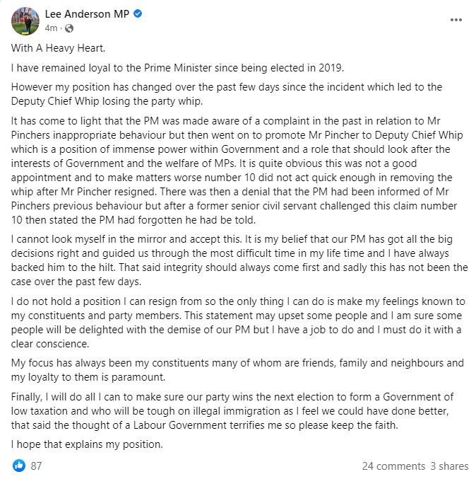 Lee Anderson support withdrawal letter on Facebook