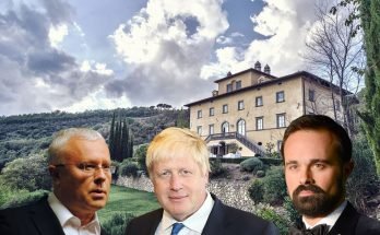 A photo of Lebedev's villa with Alexander and Eygeny either side of Boris Johnson who are superimposed over the home