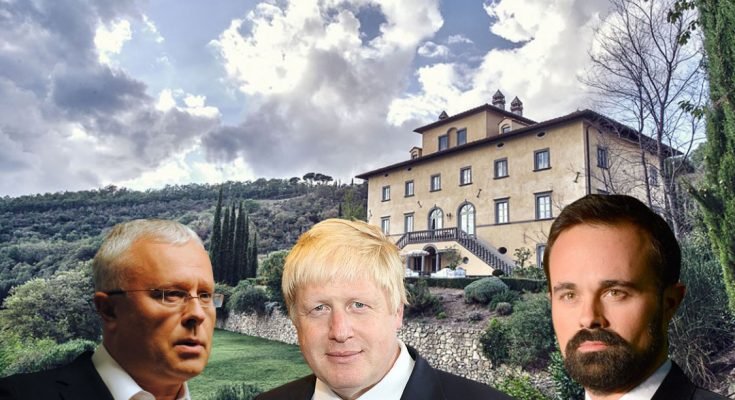A photo of Lebedev's villa with Alexander and Eygeny either side of Boris Johnson who are superimposed over the home