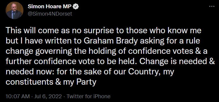 Simon Hoare calling for a rule change from the 1922 committee