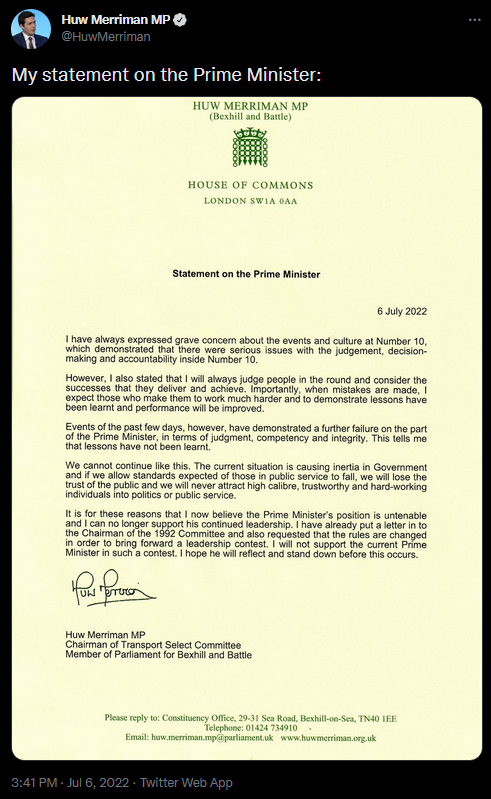 Huw Merriman Withdrawing support for PM Johnson