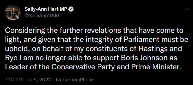 Tweet from Sally-Ann Hart withdrawing support for the PM