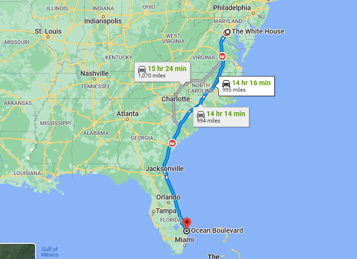 Screenshot showing the distance from The White House in Washington DC to Mar-A-Largo in Florida