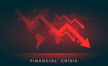 Image with a dark blue background showing a red global map with red downward pointing arrow on it. The words Financial Crisis are at the bottom in white text