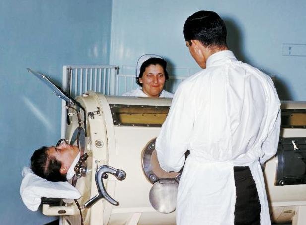 A patient in an iron lung
