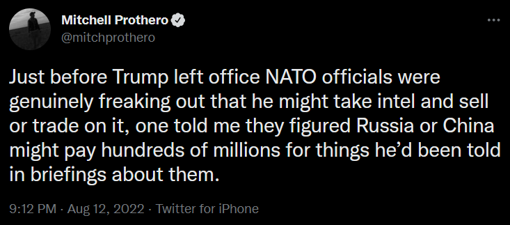 Tweet from Mitch Prothero showing NATO was worried about Trump's handling of classified material