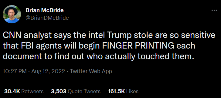 Tweet from Brian McBride claiming the FBI are now fingerprinting seized documents