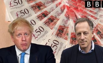An image of Boris Johnson and Richard Sharp under the BBC logo with a background of UK fifty pound notes