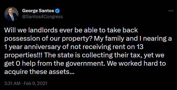 A tweet from George Santos claiming he owns 13 homes and has not received rent from any of them