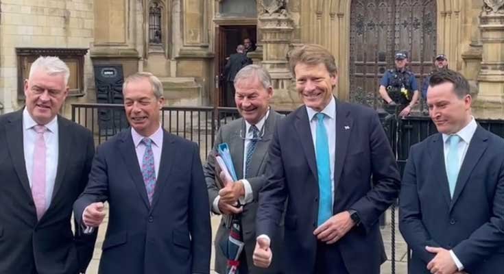 Nigel Farage and the other 4 Reform Party UK Limited MPs arriving at parliament