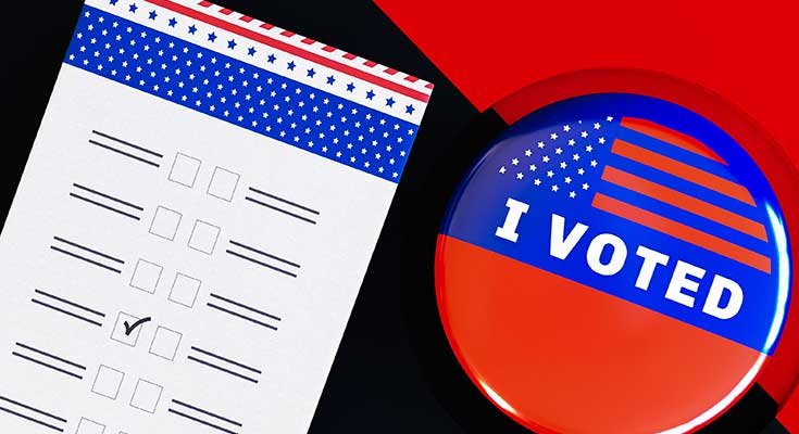 A Ballot paper and a badge saying "I voted" with an American flag on it